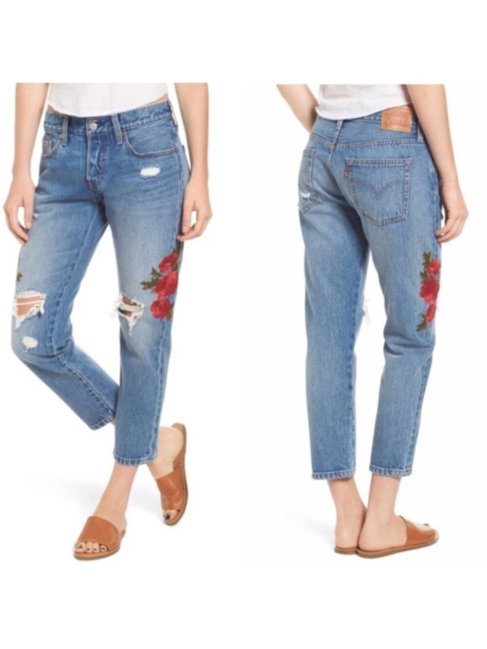Levi's Blue Cropped Jeans with Red Floral Embroidery